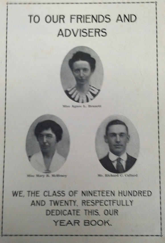 1920 HHS Yearbook Inside Cover Dedication